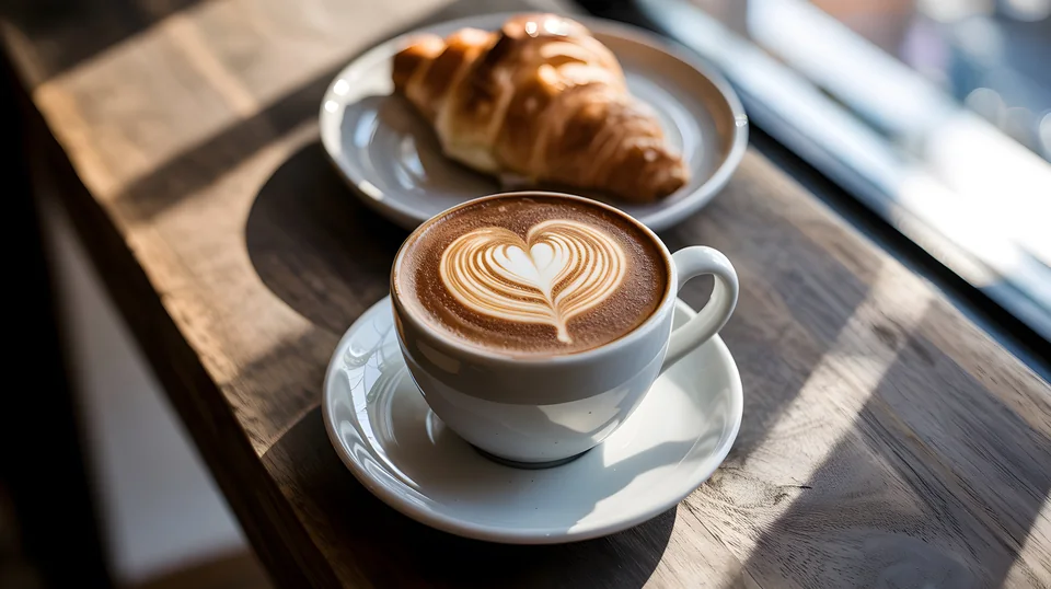 Coffee with latte art and a croissant on a timber table